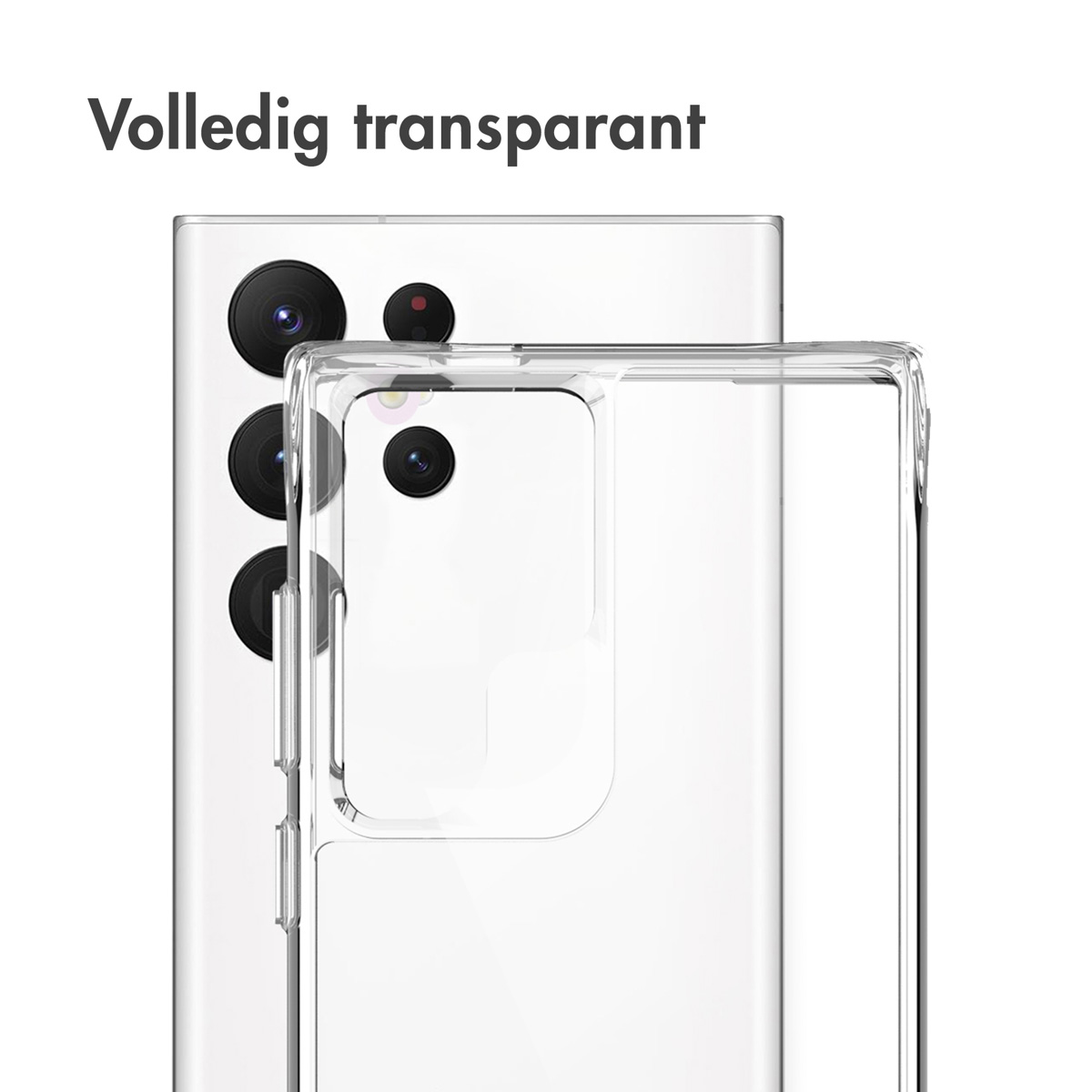 A clear phone case around a white phone. The clear case allows the phone's back to be seen.