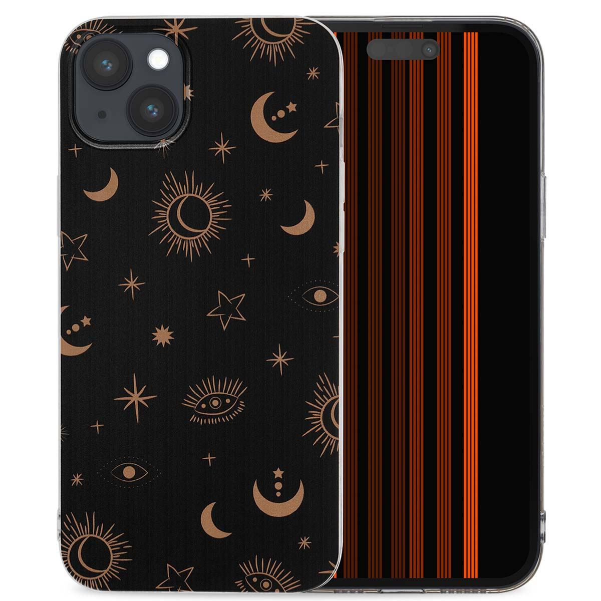 Zwarte telefoonhoes met zon- en maanpatroon. Telefoon toont oranje verticale lijnen.