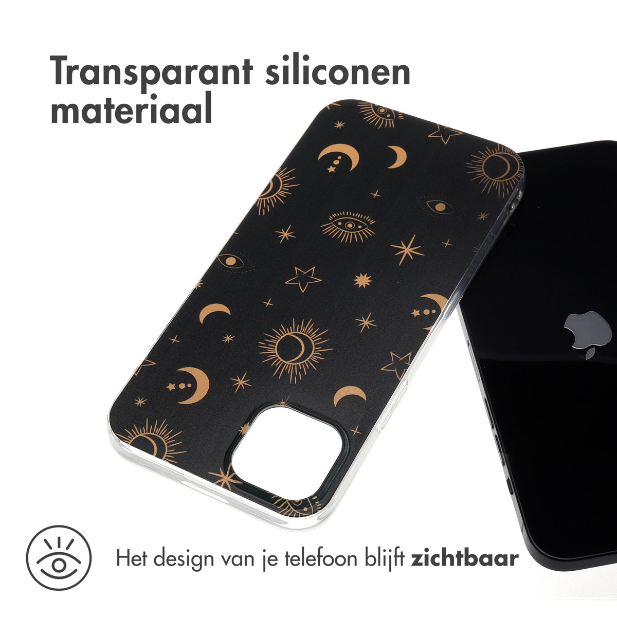 Zwarte telefoonhoes met hemels ontwerp. Transparant siliconen materiaal. Telefoonontwerp zichtbaar.