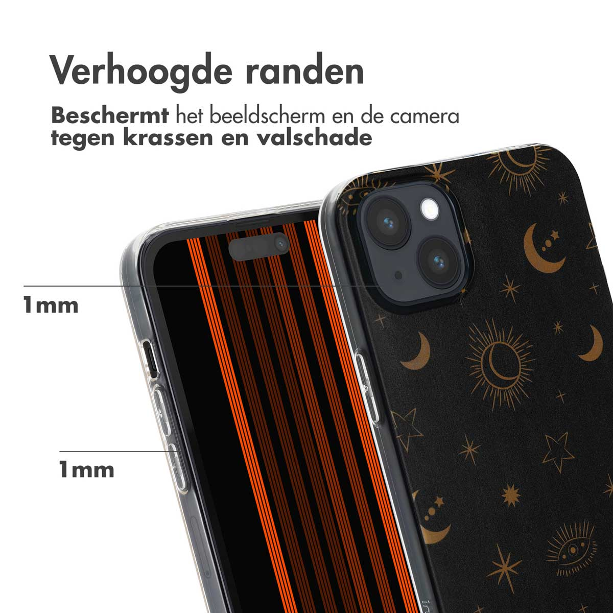 Telefoonhoesje met een sterrennachtontwerp. Toont verhoogde randen en 1 mm metingen ter bescherming.