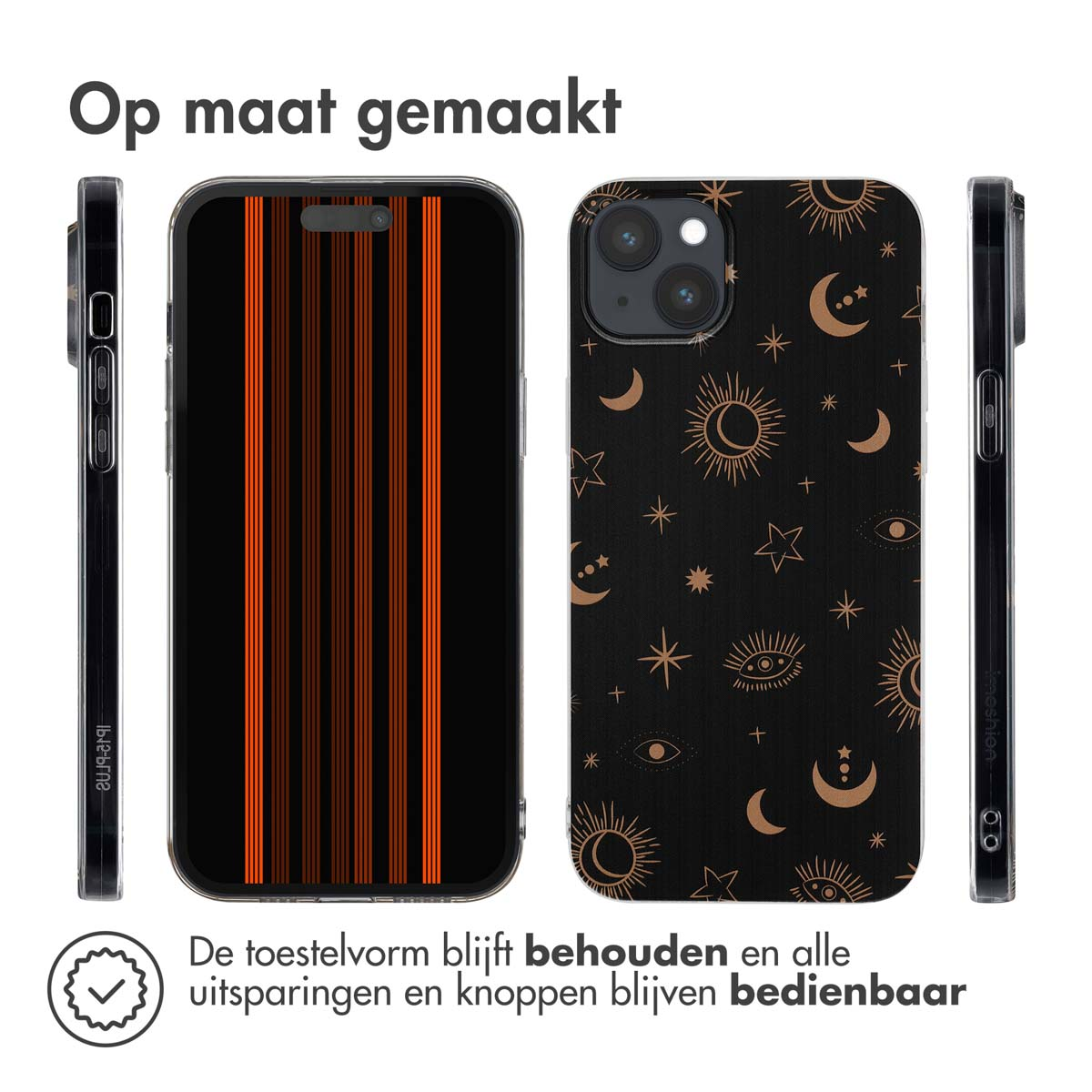 Telefoonhoesjes met verschillende ontwerpen. Tekst: Op maat gemaakt, de vorm blijft behouden en alle uitsparingen.