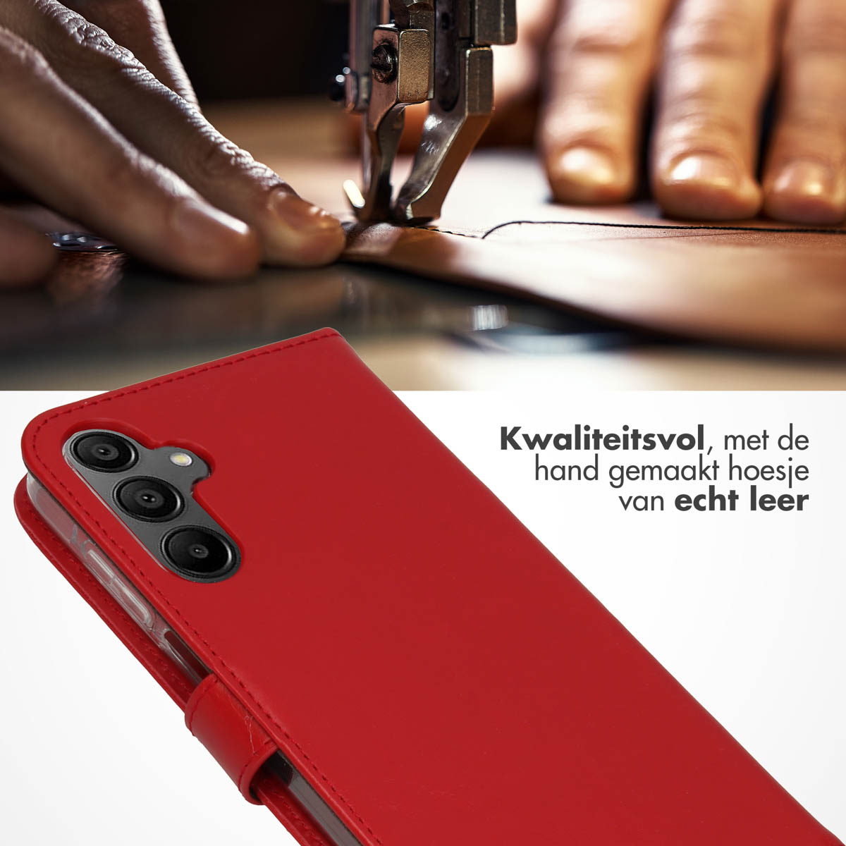 Person näht Leder. Rote Handyhülle im Vordergrund.