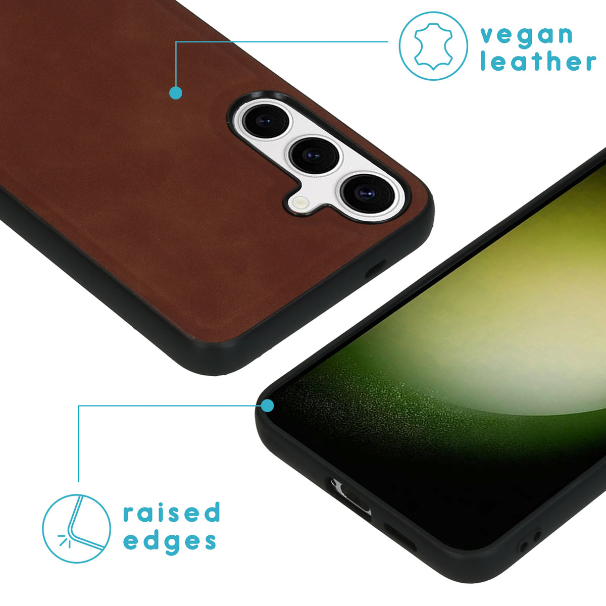 Close-up van een bruin veganistisch leren telefoonhoesje. Toont verhoogde randen en drie cameralenzen.