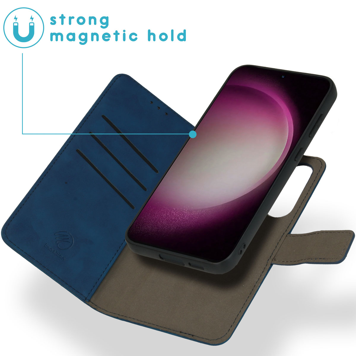 Blauw telefoonhoesje open, met de telefoon. Hoesje heeft een magnetische sluiting.