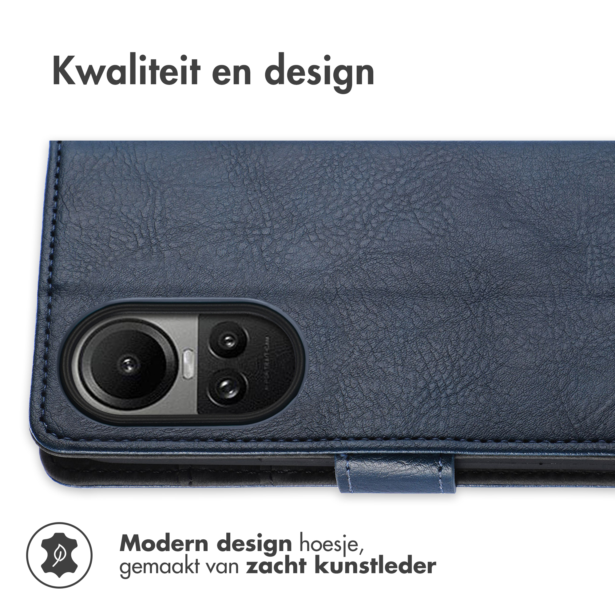 Blauw telefoonhoesje met een lederlook. De hoes is gesloten. Het heeft een modern design.