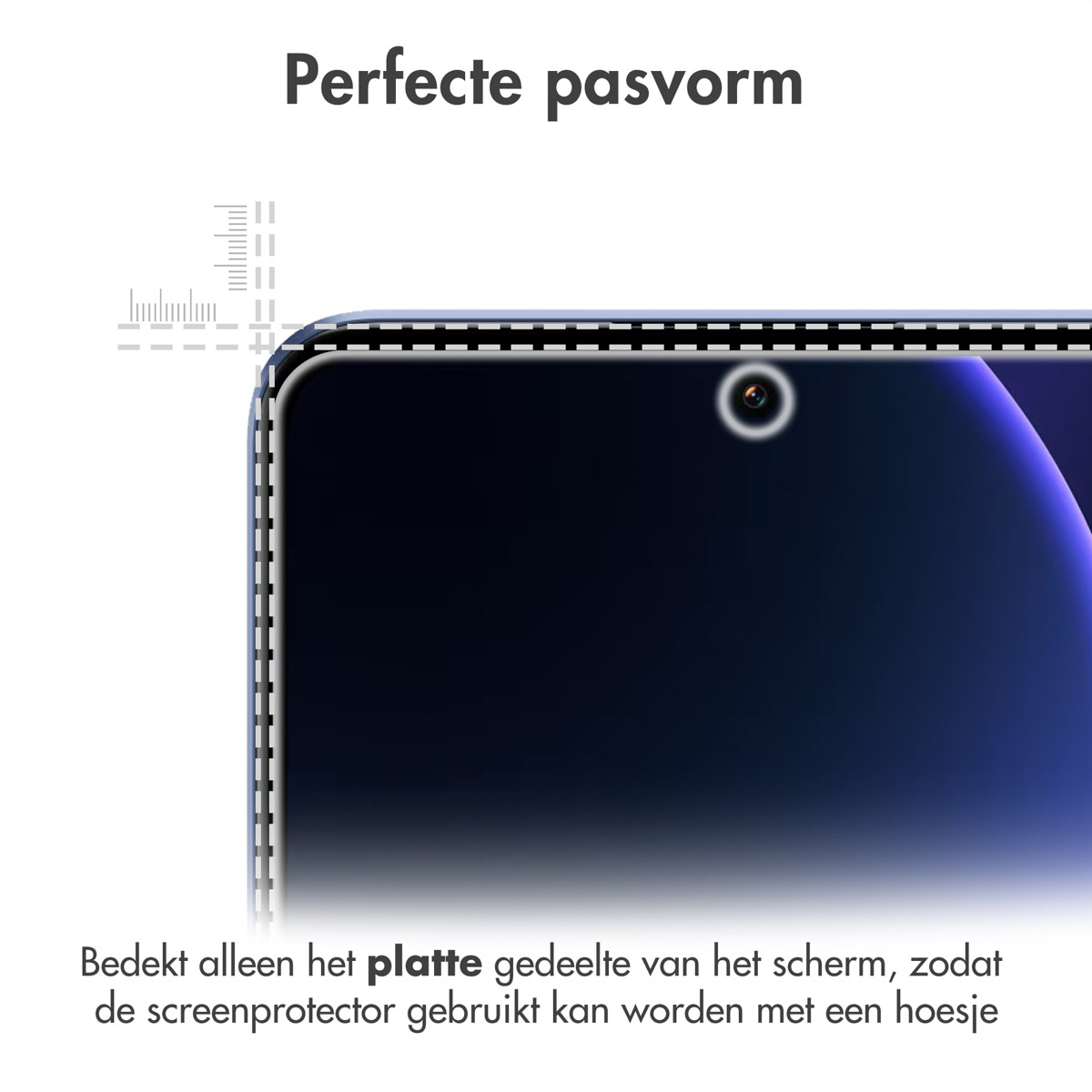 Screen protector on a phone. Showing the edge of the phone. There is a ruler.