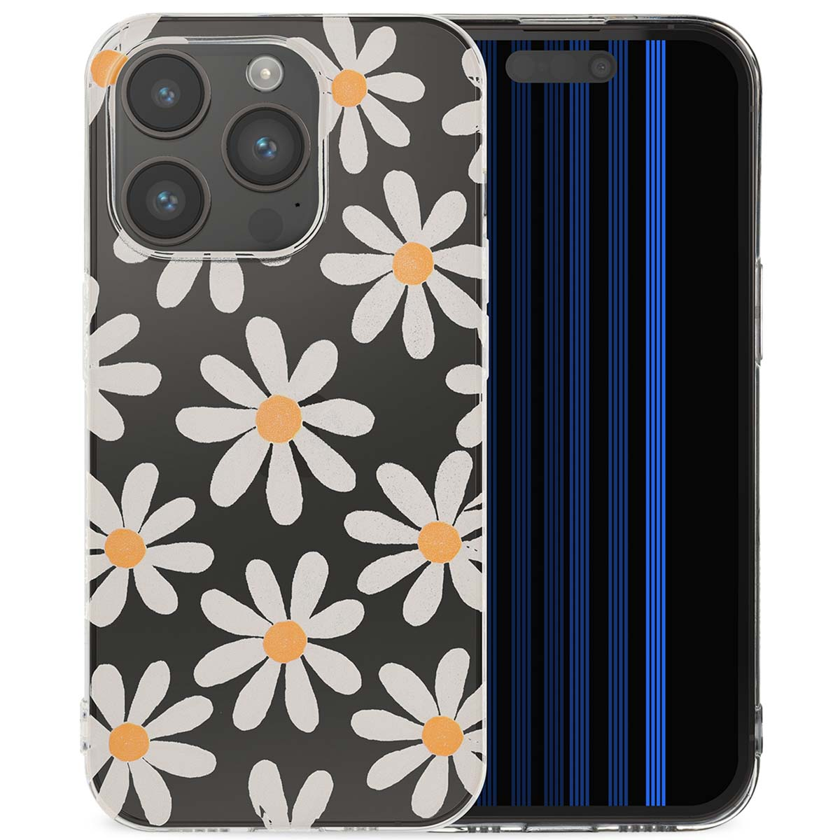 Transparante hoes met madeliefjes. Telefoon toont blauwe verticale lijnen.