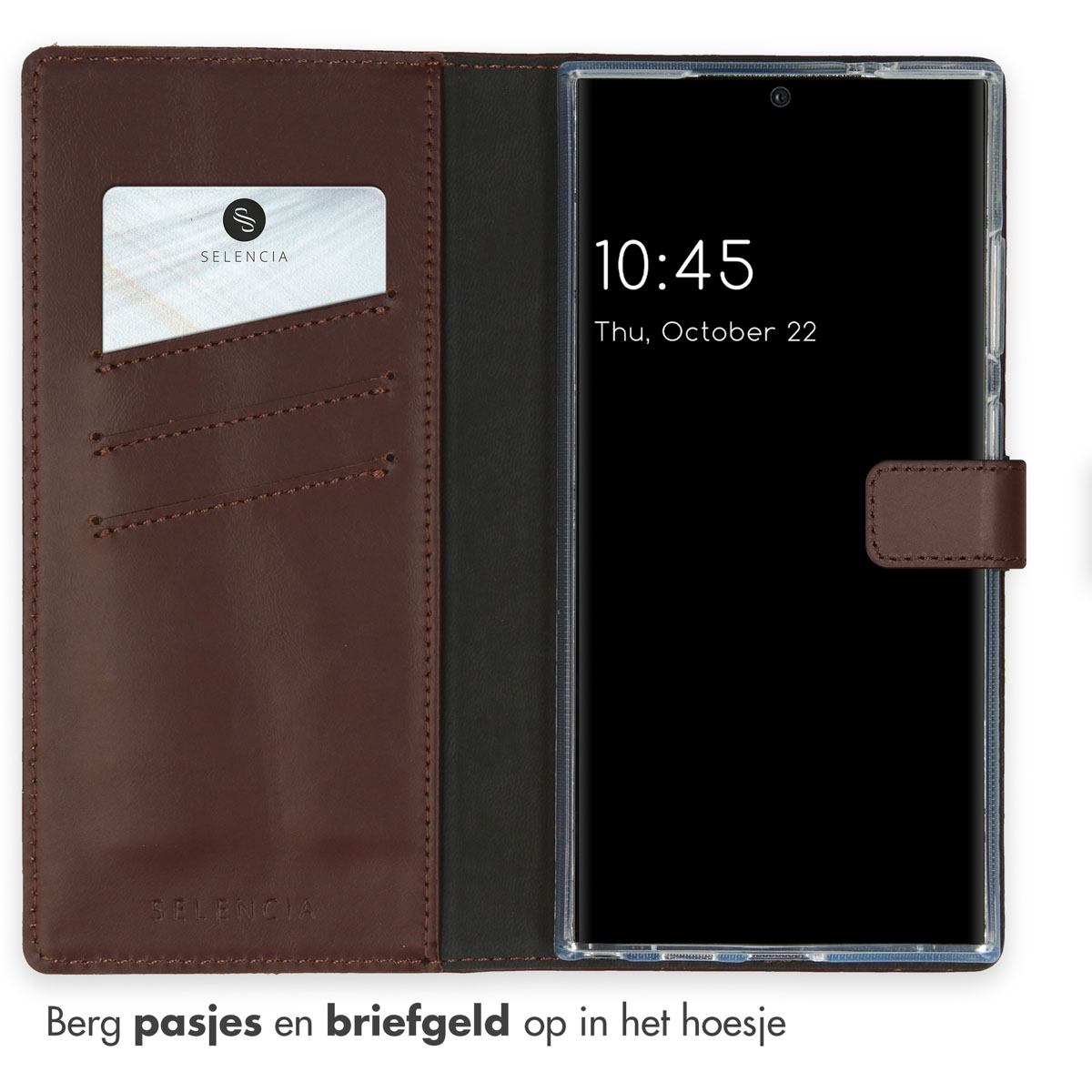Braune Handyhülle offen. Die Hülle hat Kartenfächer, ein Telefon und eine kleine Karte mit Logo.