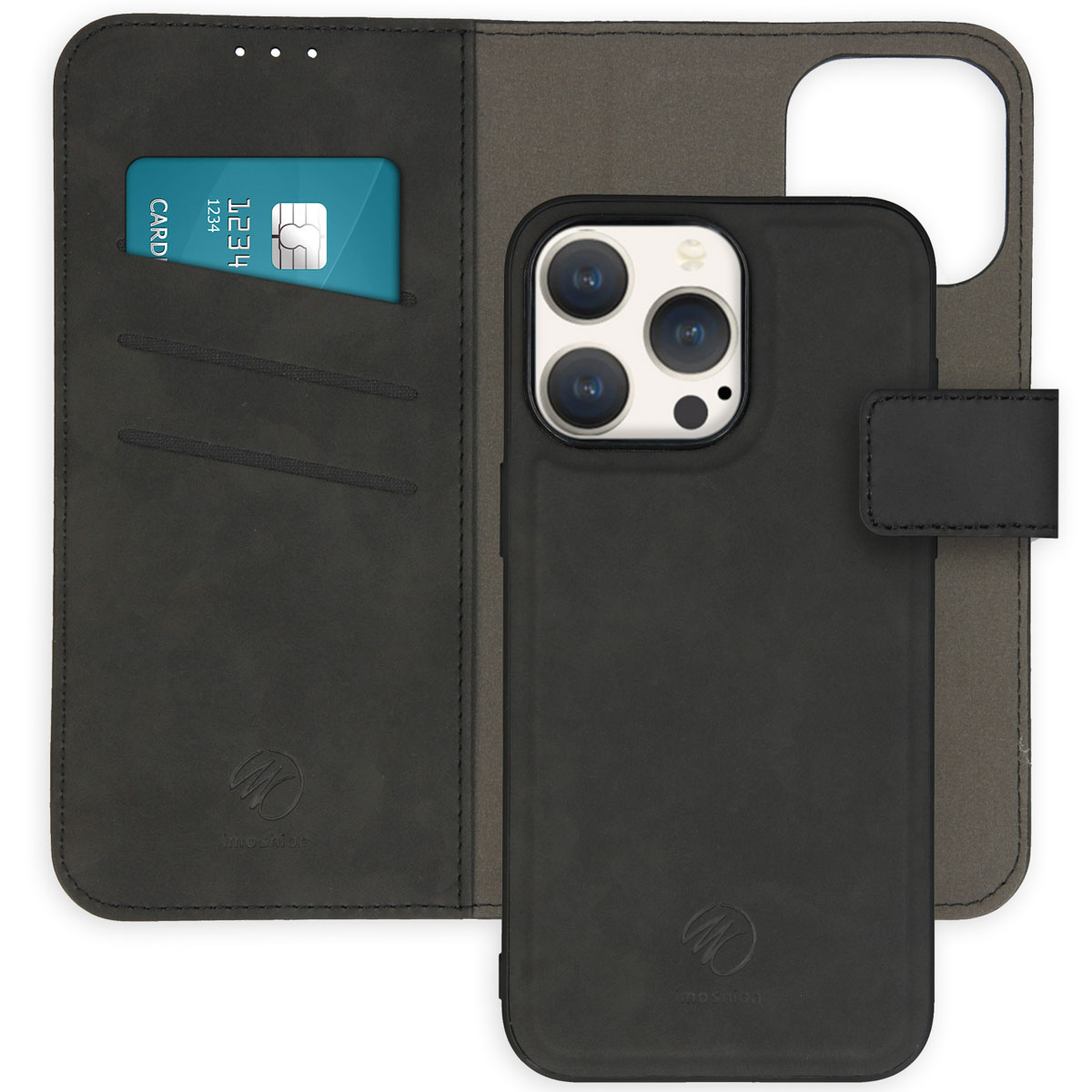 Étui cuir noir ouvert, avec carte. Téléphone lentilles rouges, intérieur gris.