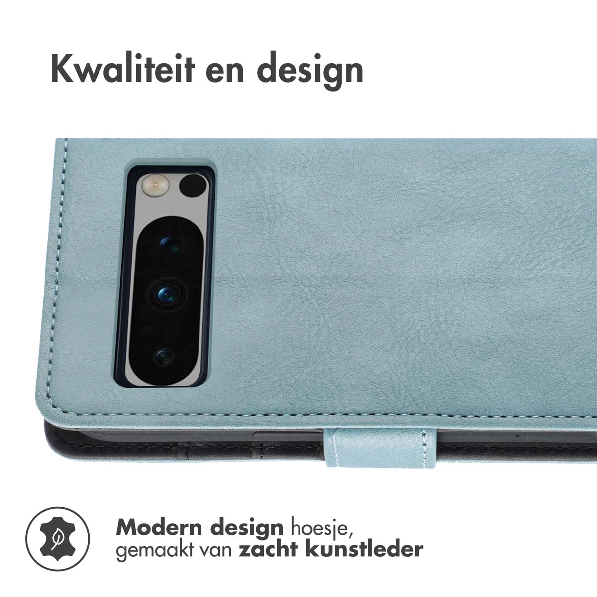 Coque de téléphone bleue avec un téléphone. La coque est en simili cuir souple.
