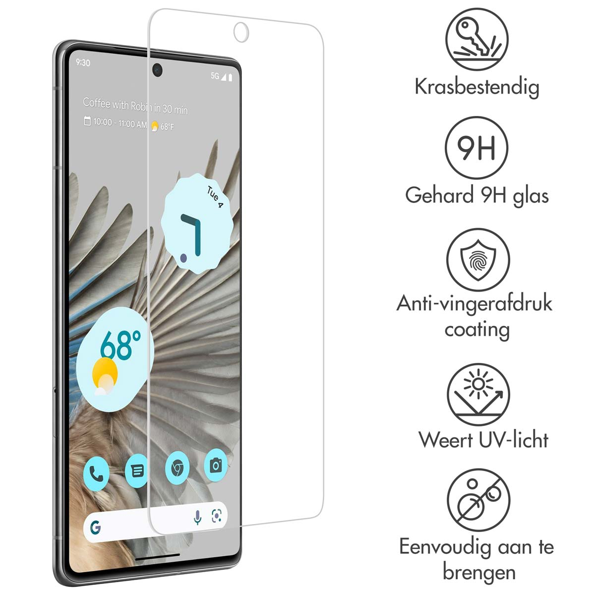 Smartphone displaying time and weather, with a screen protector. Various icons are displayed on the screen.