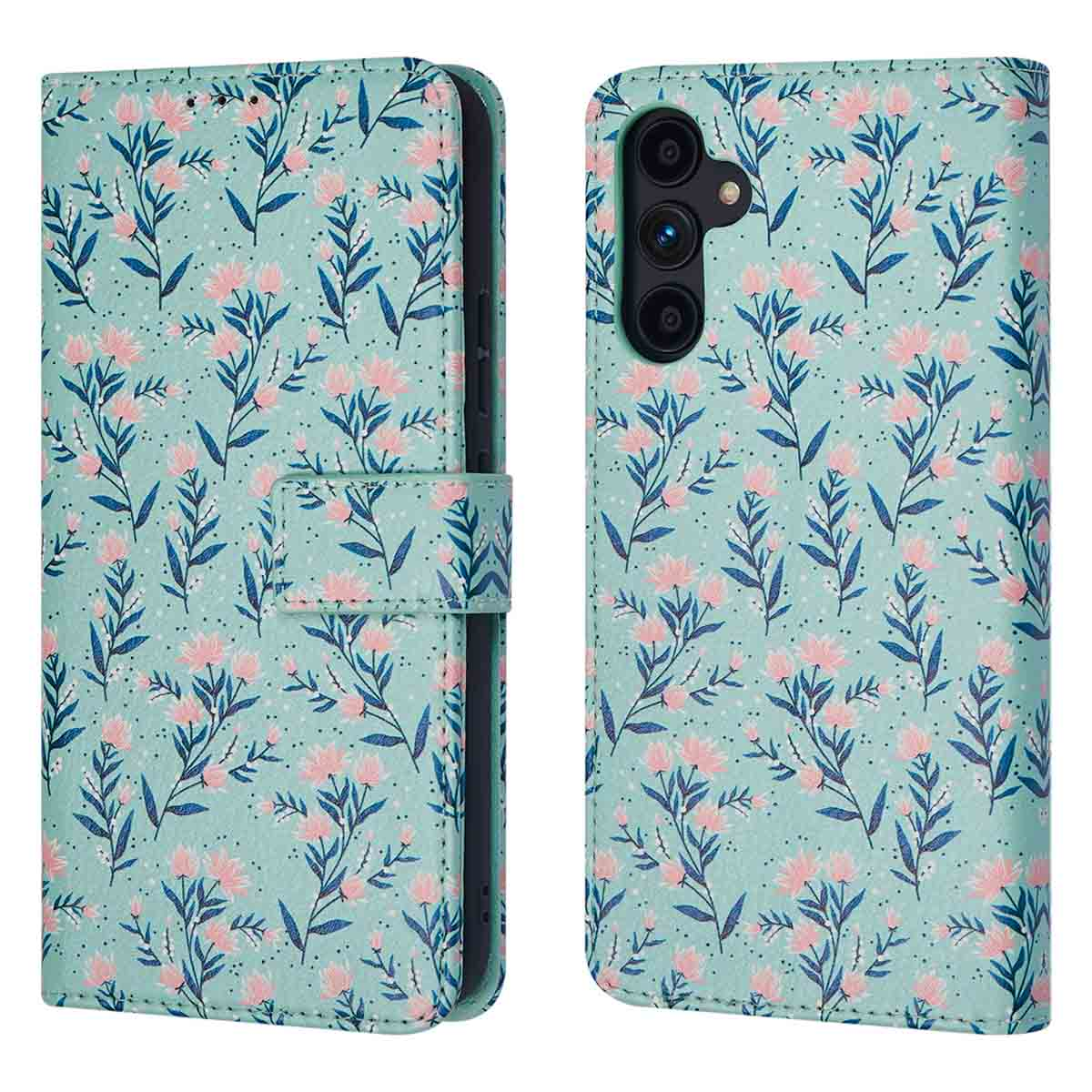 Coque de téléphone avec un motif floral. La coque est ouverte avec un téléphone au milieu.