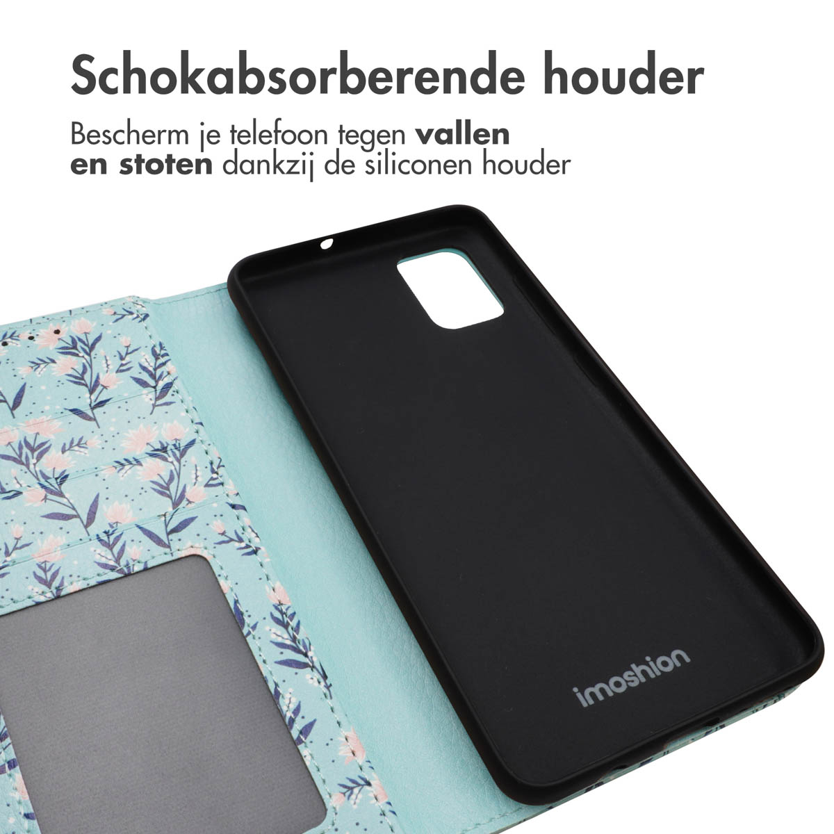 Telefoonhoesje met bloemenontwerp, lichtblauwe achtergrond. Zwarte telefoonhoes binnenin.