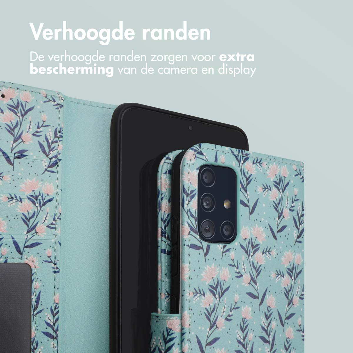 Telefoonhoes open met bloemenontwerp. Lichtblauwe achtergrond.