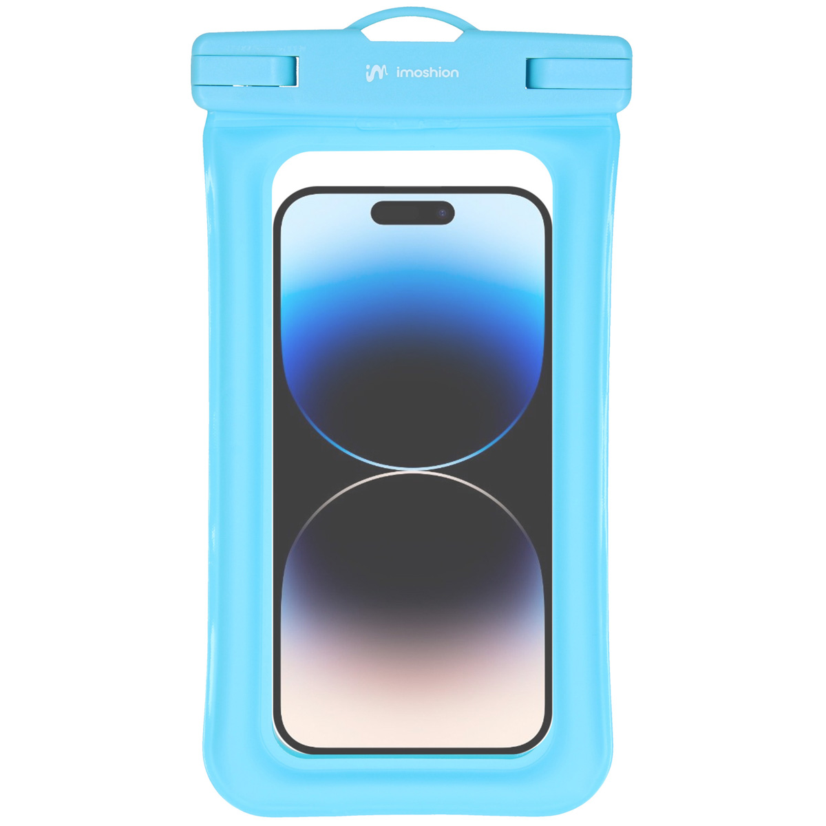 A light blue waterproof phone case with a phone inside. The case is sealed.