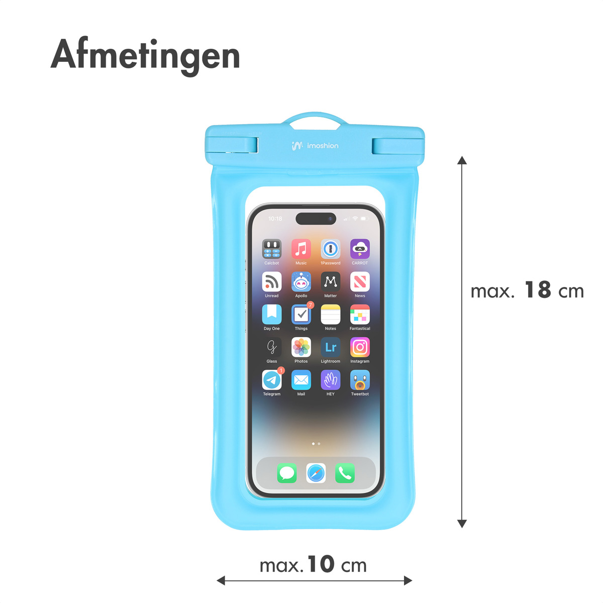 A light blue waterproof phone case. The phone inside shows an app interface and dimensions.