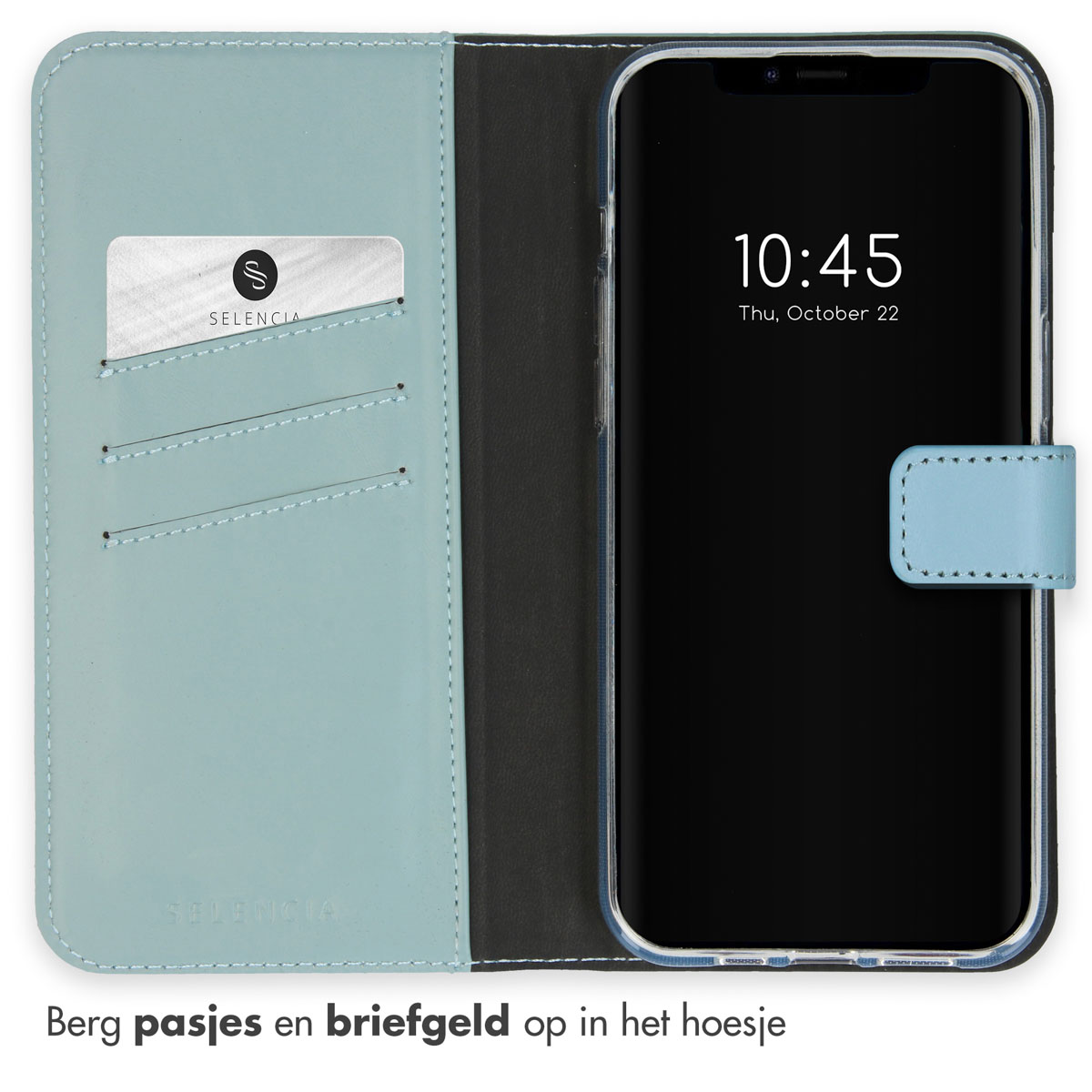 Open phone case with a phone displaying the time. A card is in the left pocket.