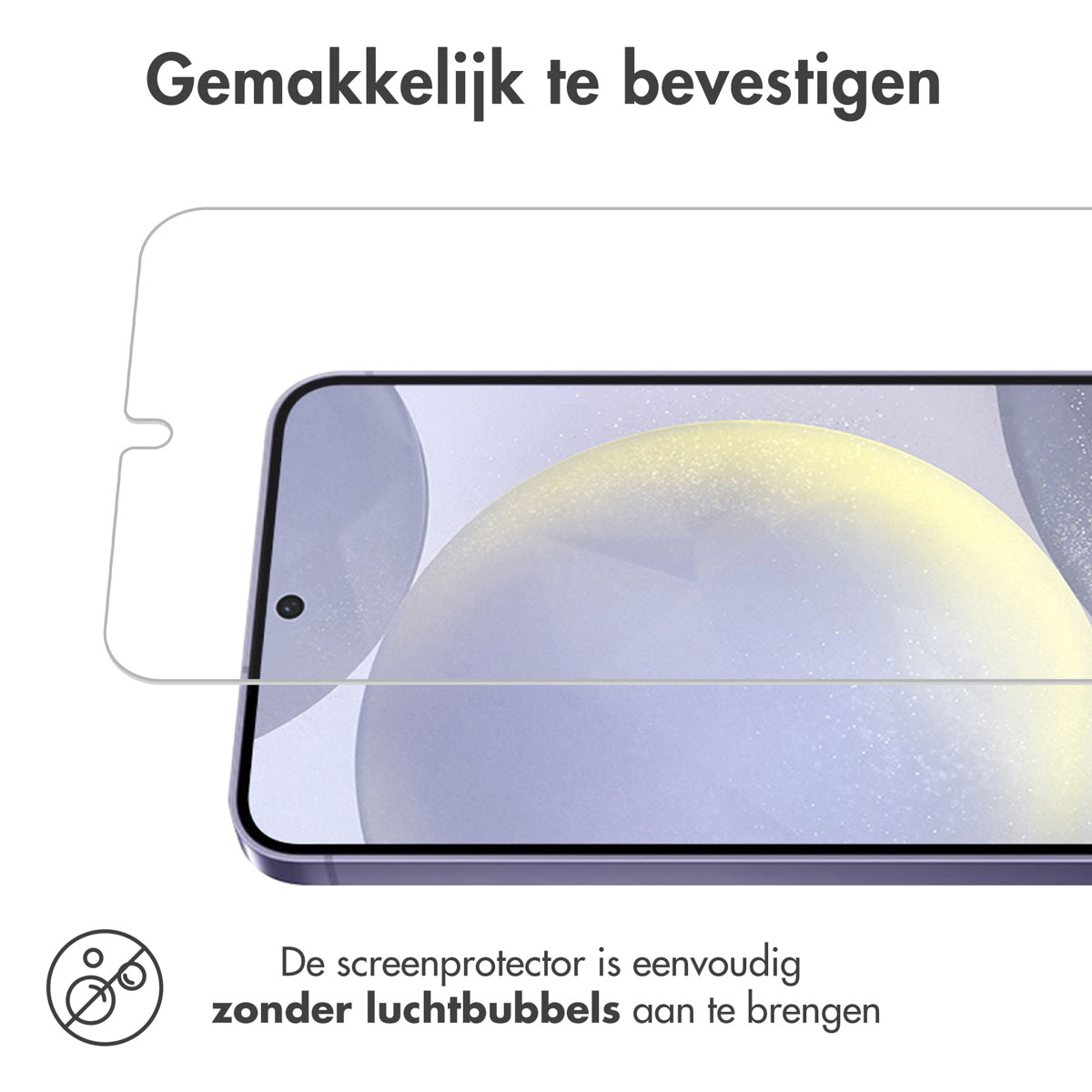 Screenprotector wordt aangebracht op een telefoon. De protector is transparant en zonder bellen.