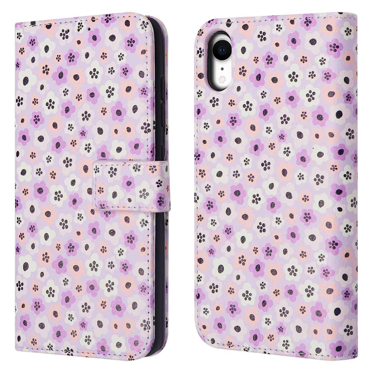 Coque de téléphone violette avec motif floral. La coque est ouverte.