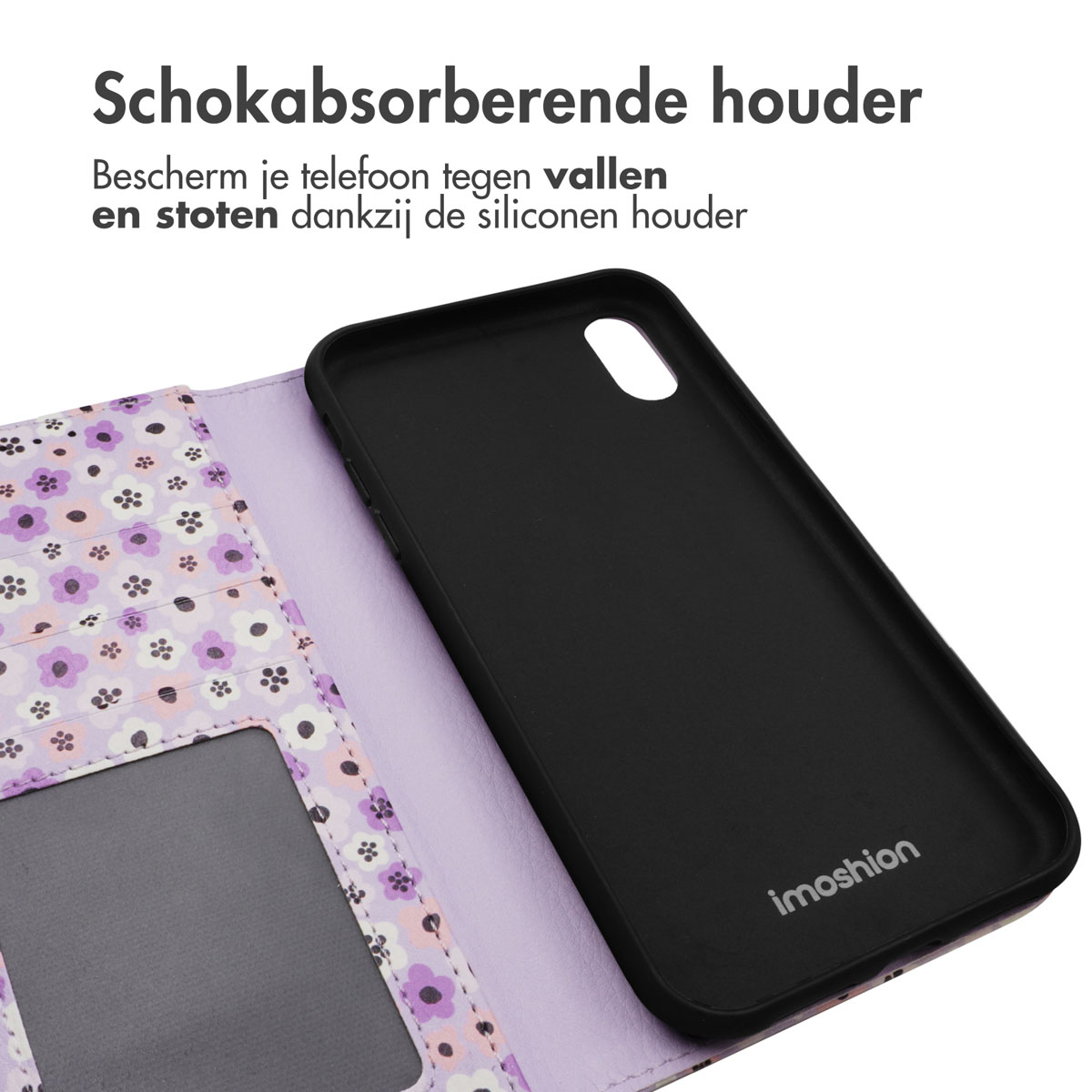 Coque de téléphone ouverte, montrant un téléphone. L'étui est floral à l'intérieur, noir à l'extérieur.