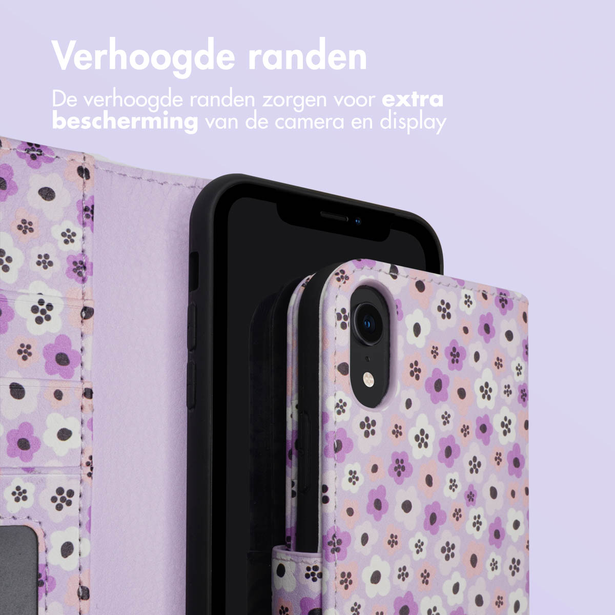 Coque de téléphone avec un motif floral. Le téléphone est dans l'étui. L'étui a des bords surélevés.