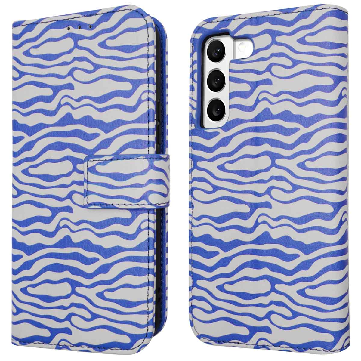 Coque de téléphone avec un motif zébré bleu et blanc. L'étui est ouvert, montrant le téléphone.