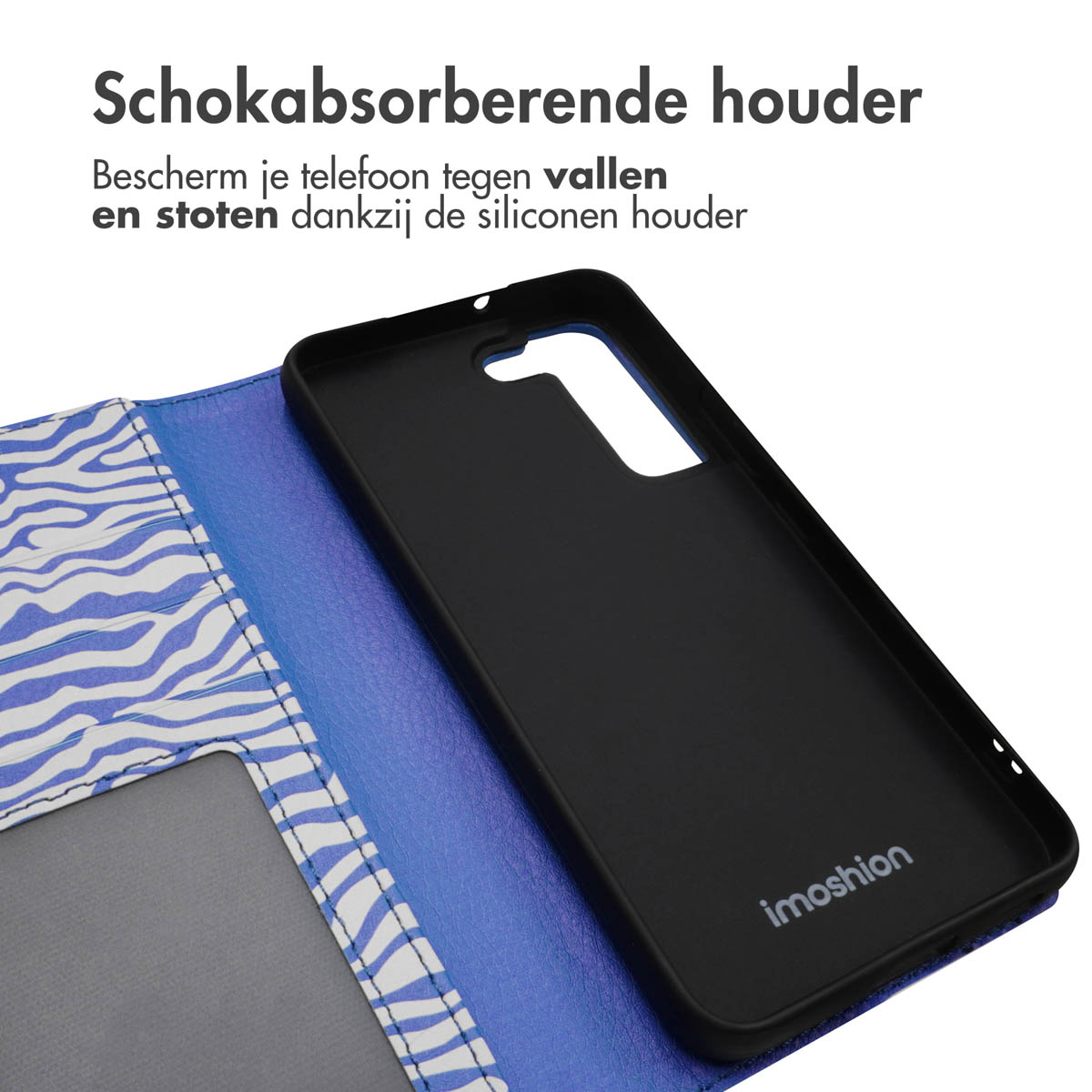 Coque de téléphone noire ouverte pour montrer l'intérieur. La coque est bleue et blanche.
