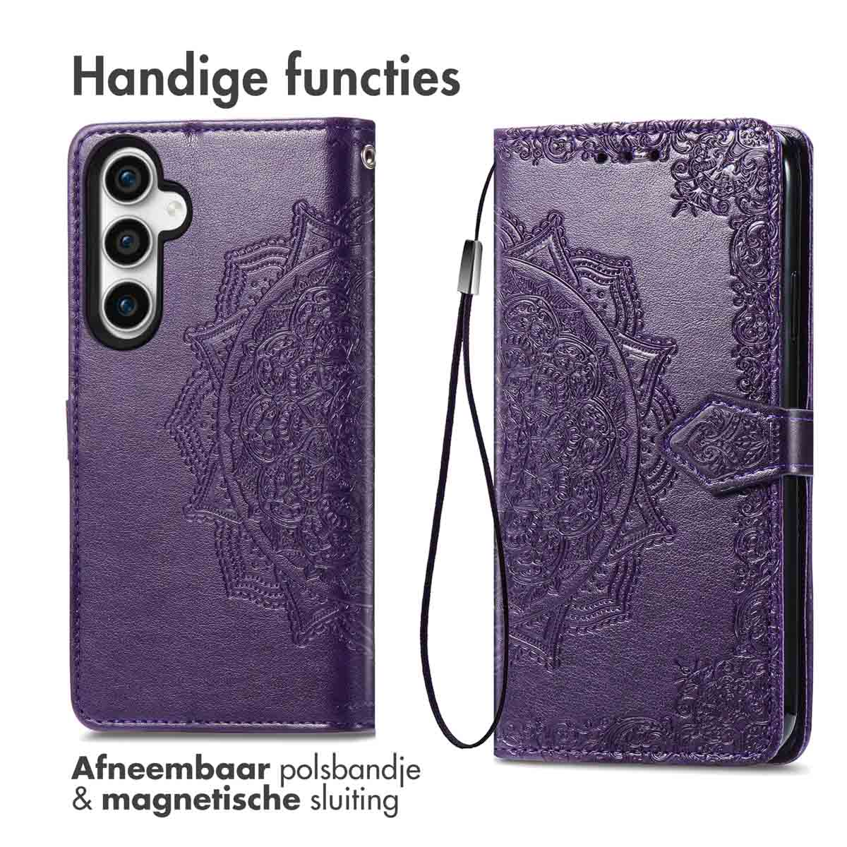 Paarse telefoonhoes met bloemenontwerp. Inclusief polsbandje en magnetische sluiting.