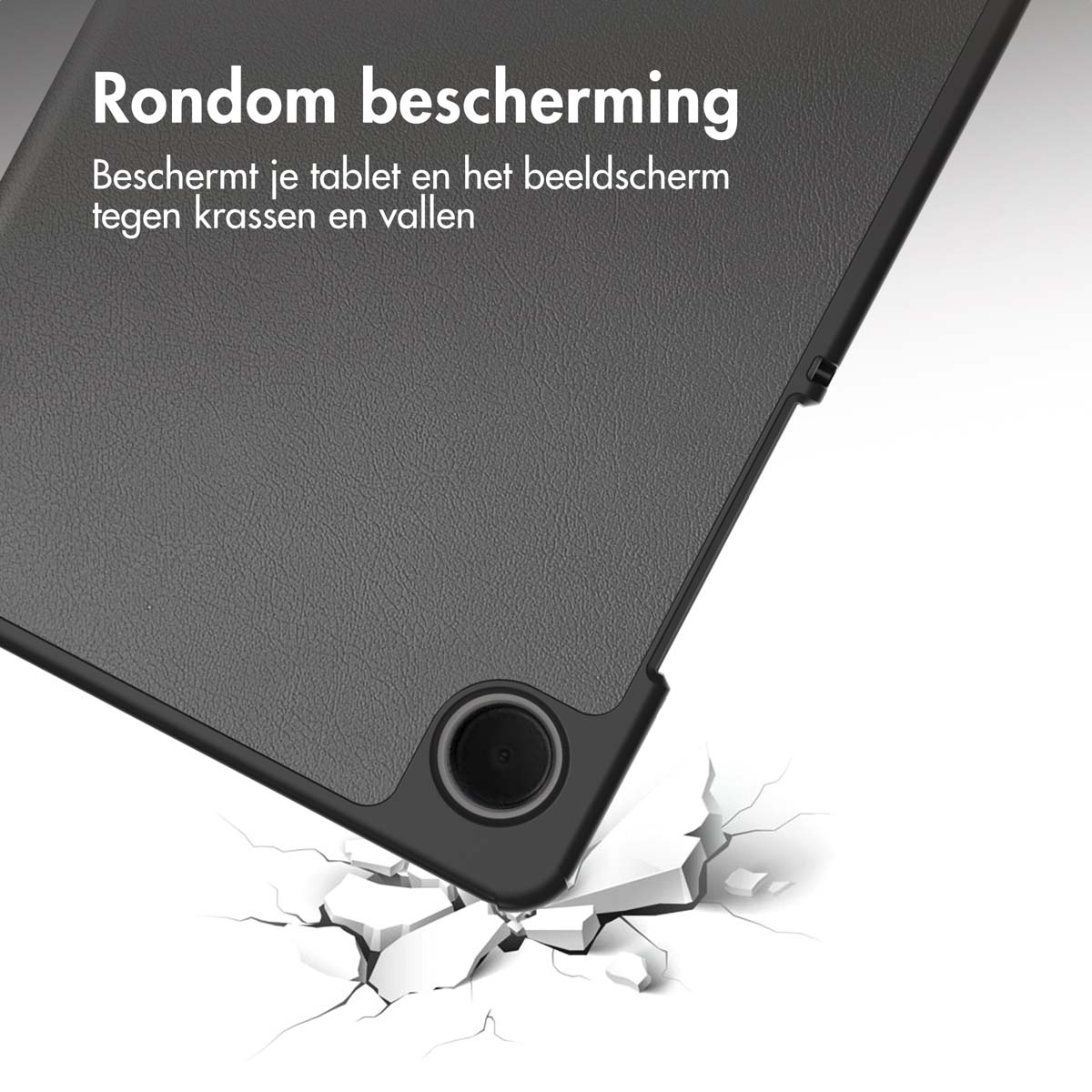 Schwarze Tablet-Hülle mit Kamera-Loch, zersplitterter Bodeneffekt. Niederländischer Text: Rundumschutz.