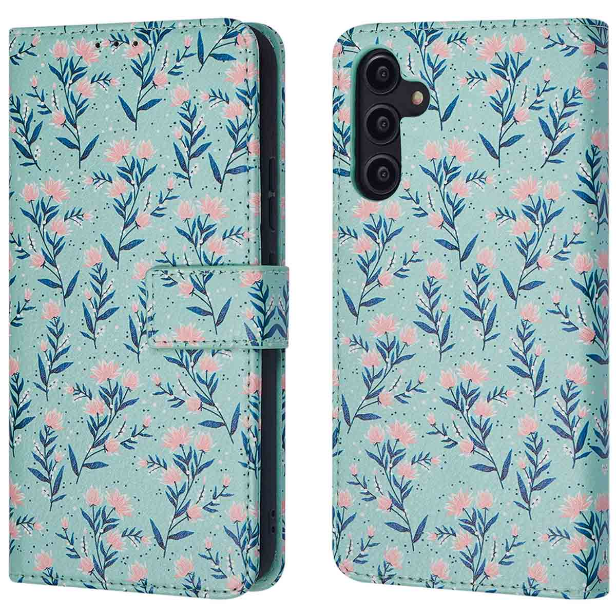 Telefoonhoesje met bloemenpatroon. De hoes is open en toont de telefoon en de camera.