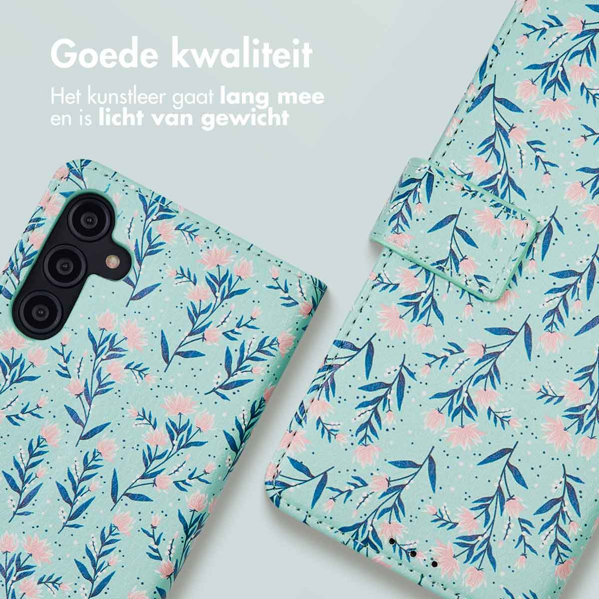 Telefoonhoes met bloemenpatroon. Lichtblauw en roze. Open, toont telefoonhoes.