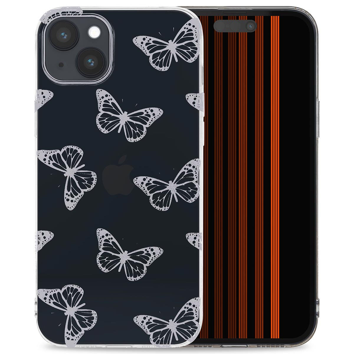Coque de téléphone avec un motif de papillon. Le téléphone a un motif de lignes verticales oranges en arrière-plan.