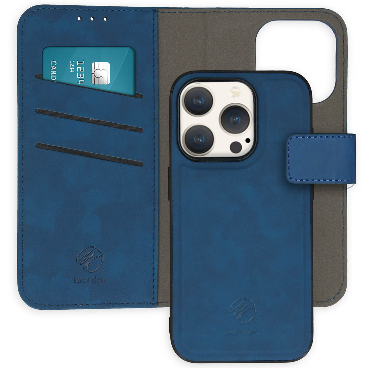 Blauwe telefoonhoes, open. Grijs interieur met kaartsleuf. Telefoon zit in de hoes.