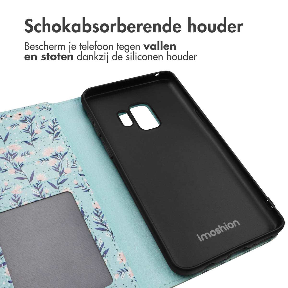 Zwarte telefoonhoes met bloemenpatroon. De telefoonhoes is open.