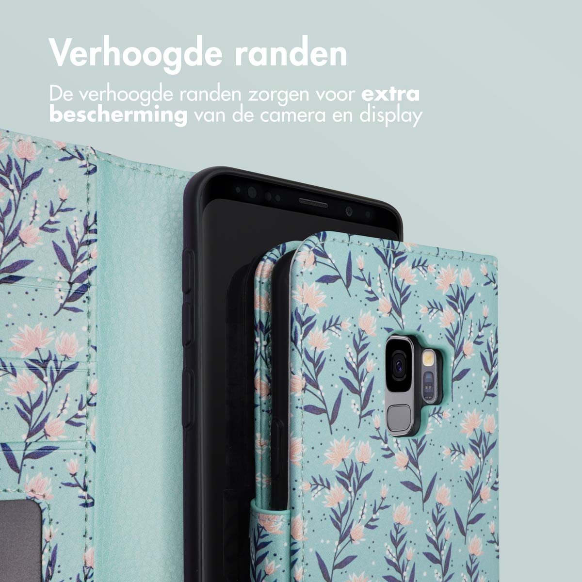 Telefoonhoesje met bloemenpatroon. De telefoon zit in de hoes.