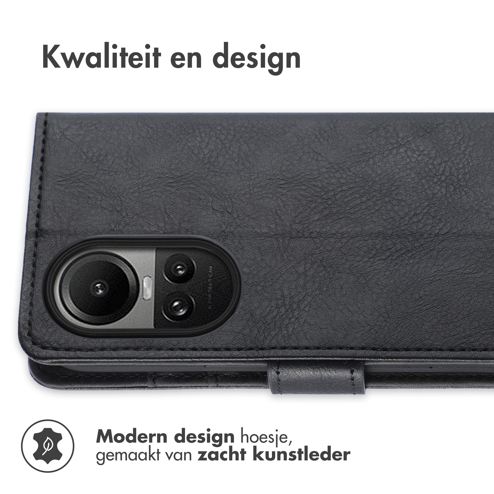 Zwart telefoonhoesje met een lederlook. De hoes is gesloten. Het heeft een modern design.