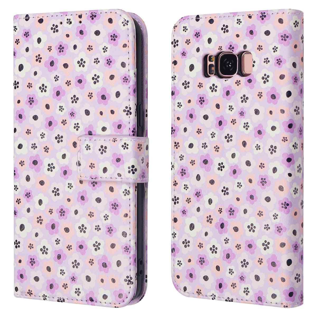 Twee telefoonhoesjes met paars bloemenpatroon. Eén is gesloten, de ander open.