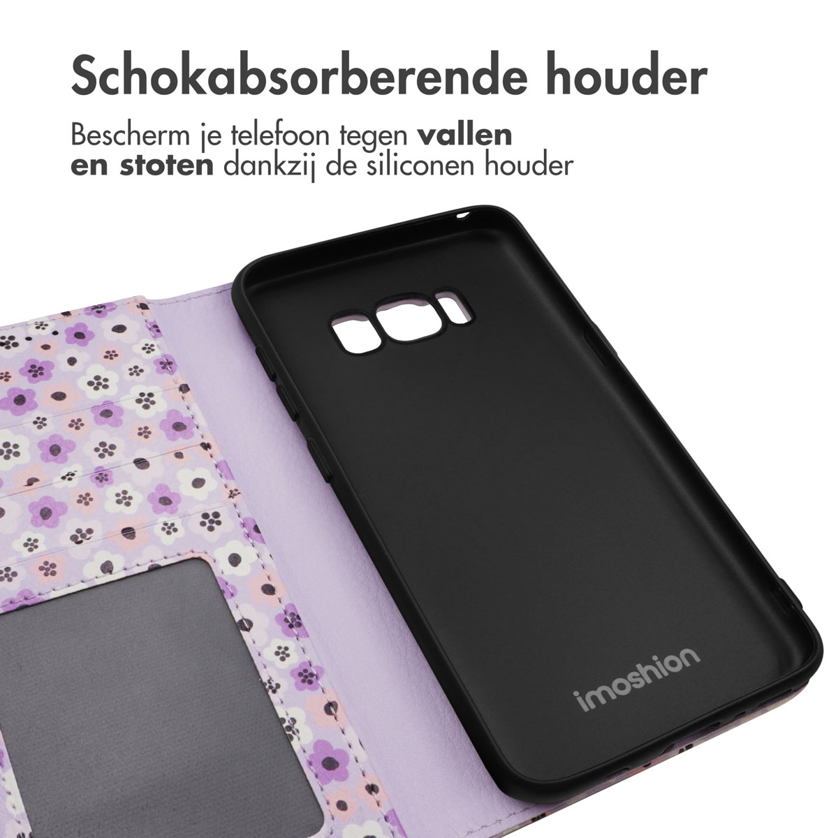 Zwarte telefoonhoes met paars bloemenpatroon. De telefoonhoes is open.