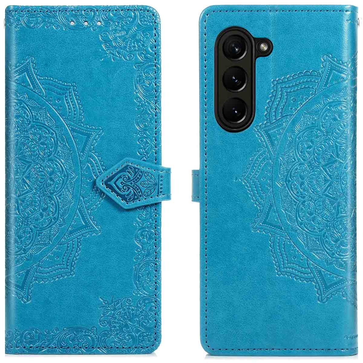Coque de téléphone bleue avec un motif mandala. L'étui est ouvert, montrant l'appareil photo du téléphone.