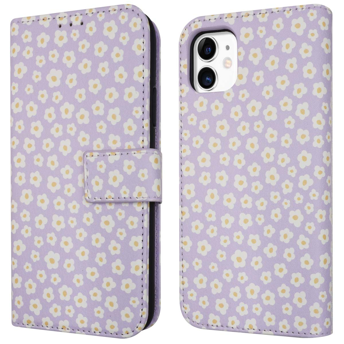 Paars telefoonhoesje met witte bloemen. Geopend om de telefoon en een magnetische sluiting te tonen.