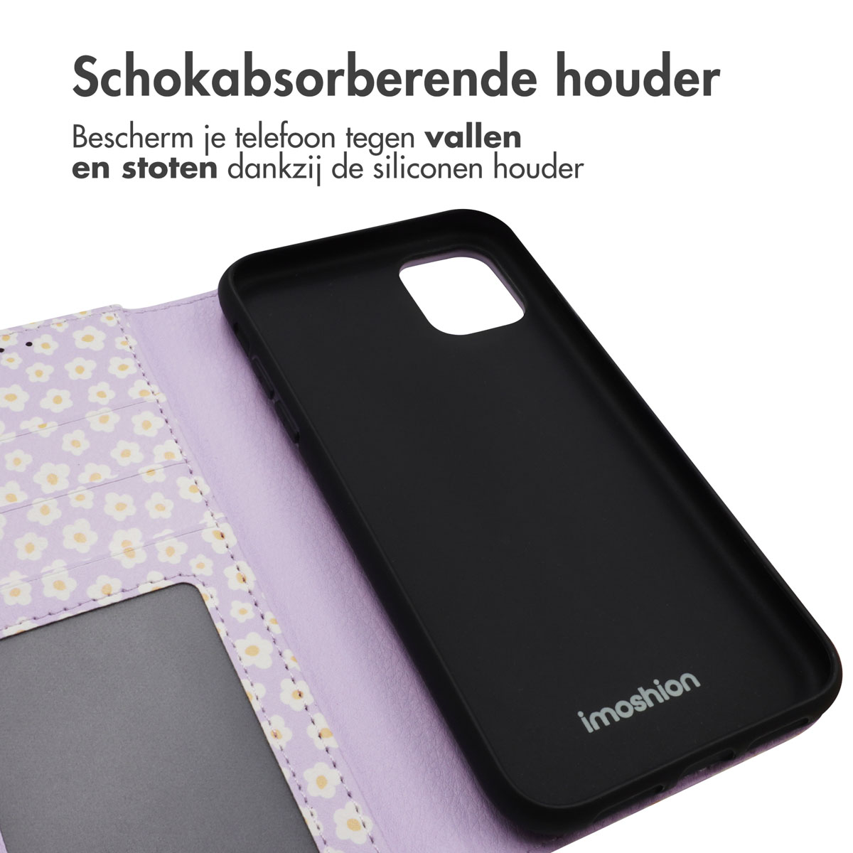 Telefoonhoesje met een zwarte binnenhouder. De telefoonhoes is open, met een bloemenontwerp.