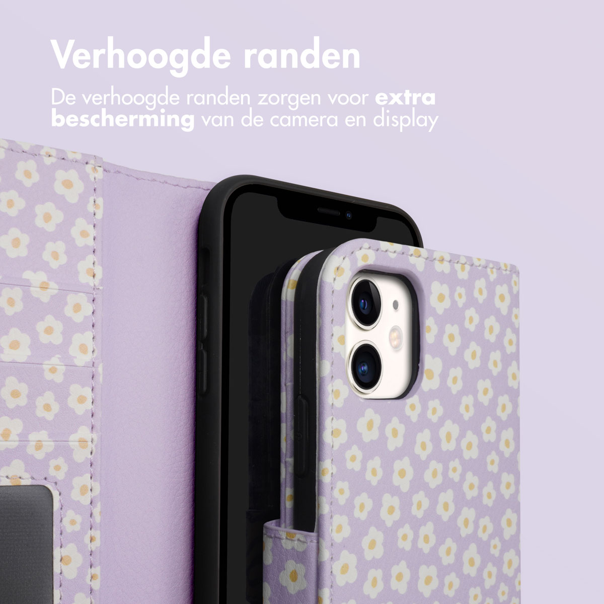 Een telefoon in een witte bloemenhoes, open, de telefoon tonend.