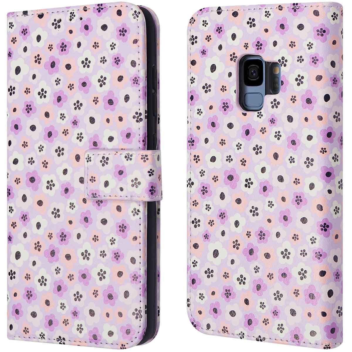 Telefoonhoesje met een bloemenpatroon, open en dicht.