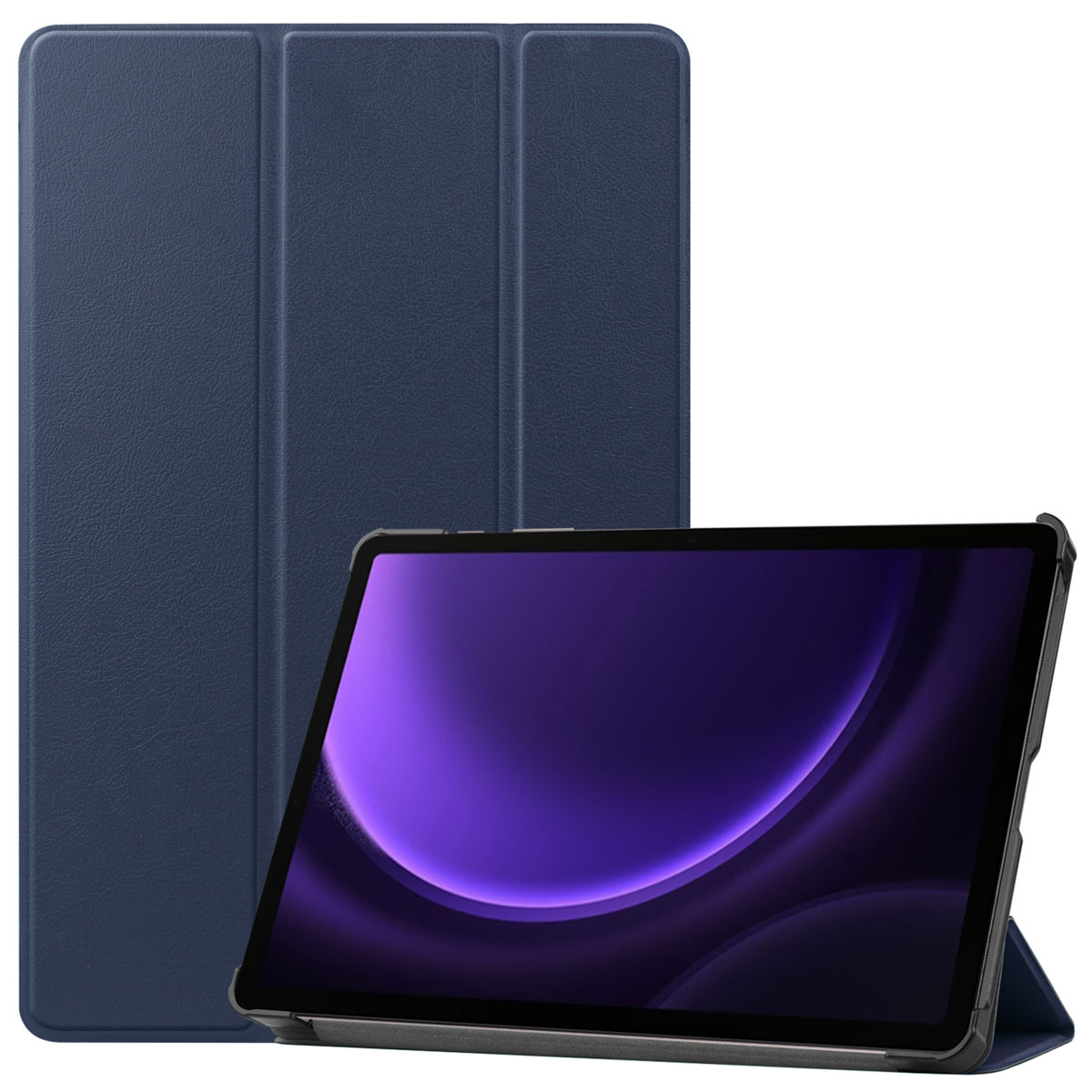 Blauwe tablethoes open, met de tablet erin. De hoes is donkerblauw van kleur.
