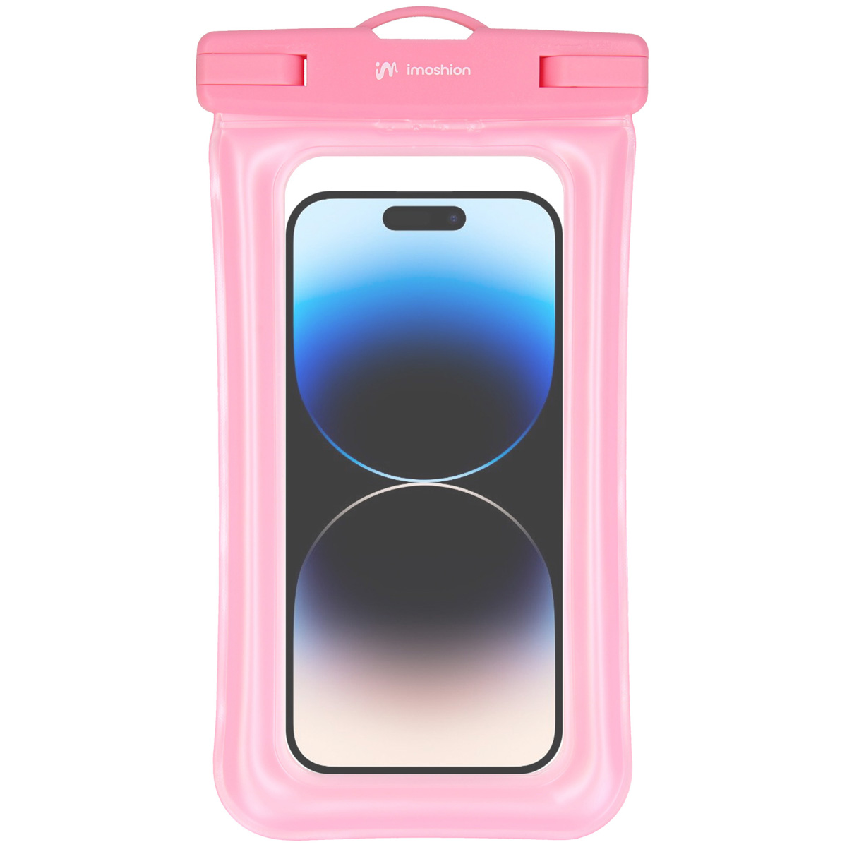 Pink waterproof phone case with a phone inside. The case is sealed and ready for water use.