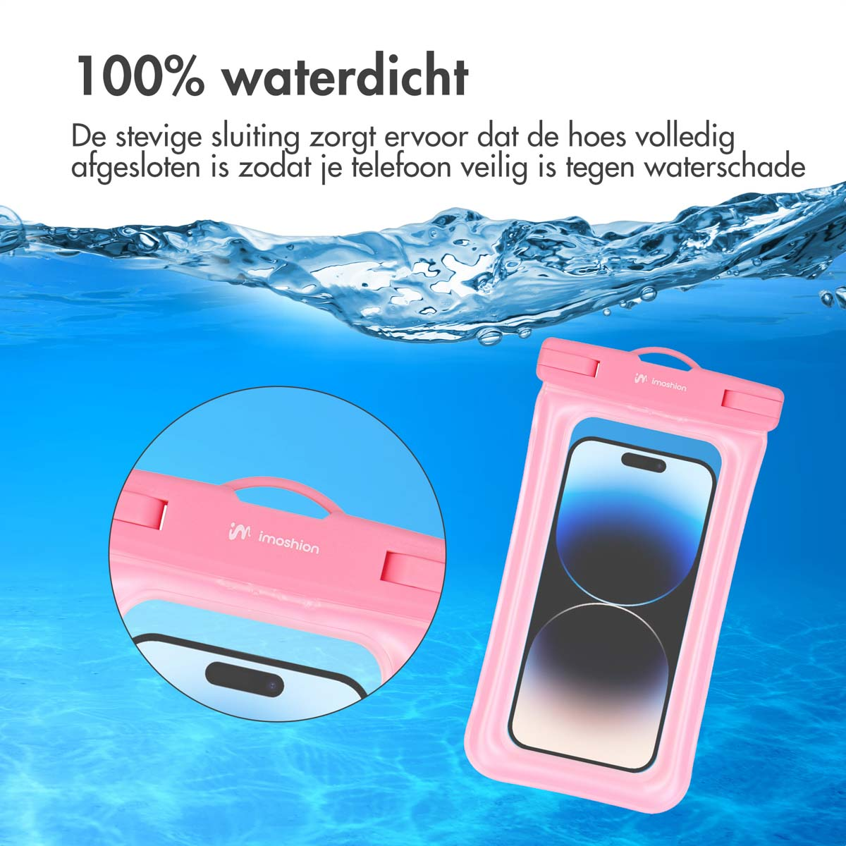 A pink waterproof phone case with a phone inside, submerged in blue water.