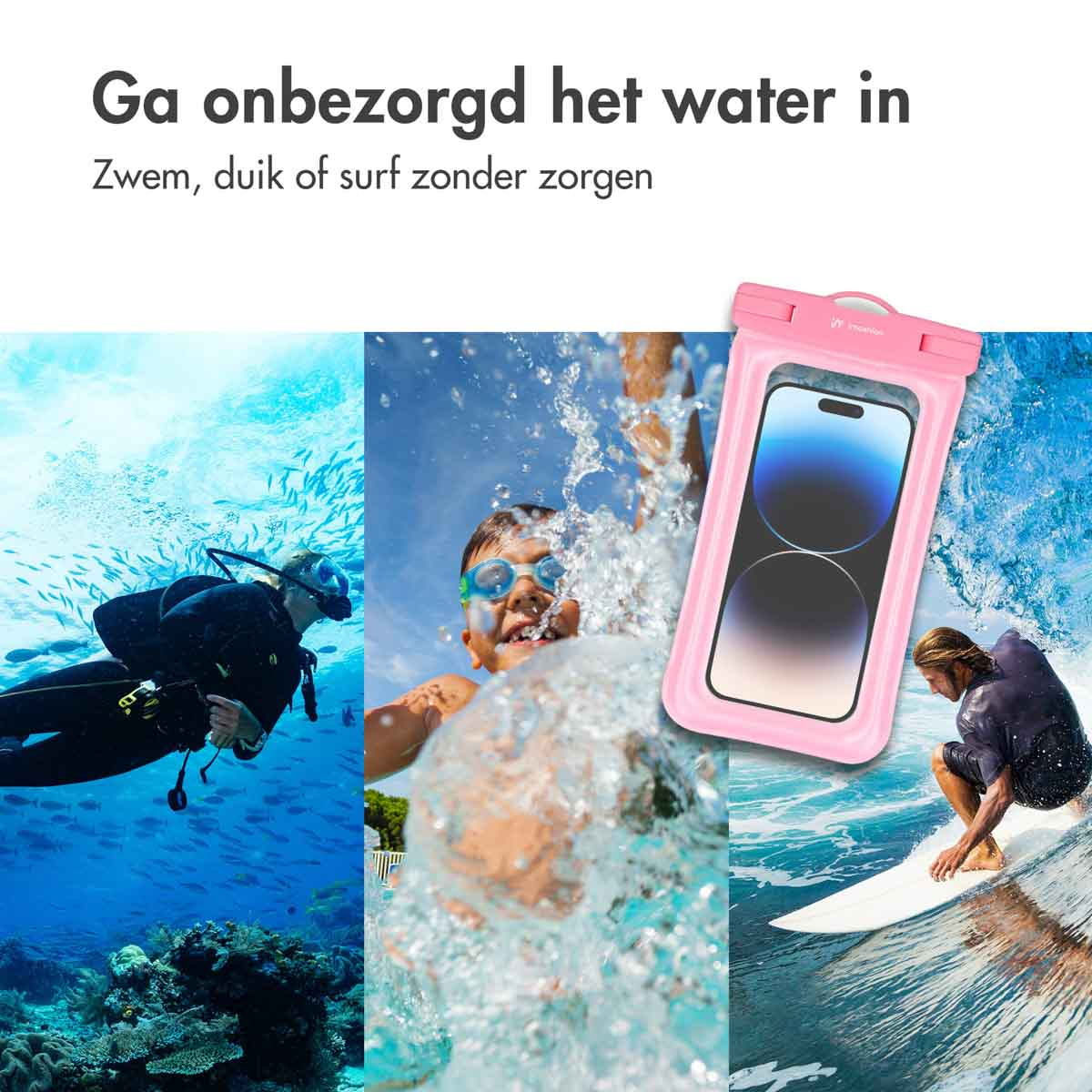 Three images showing water activities with the phone case. A diver, child in water, and a surfer.