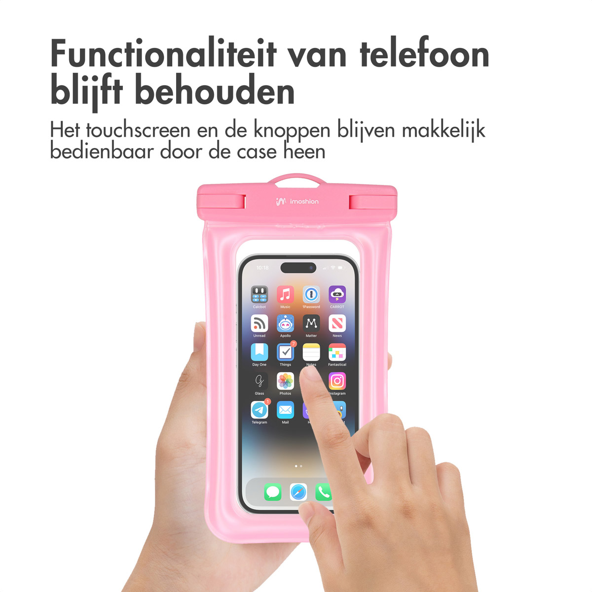 A hand is using a phone inside a pink waterproof case. The phone screen is displaying app icons.