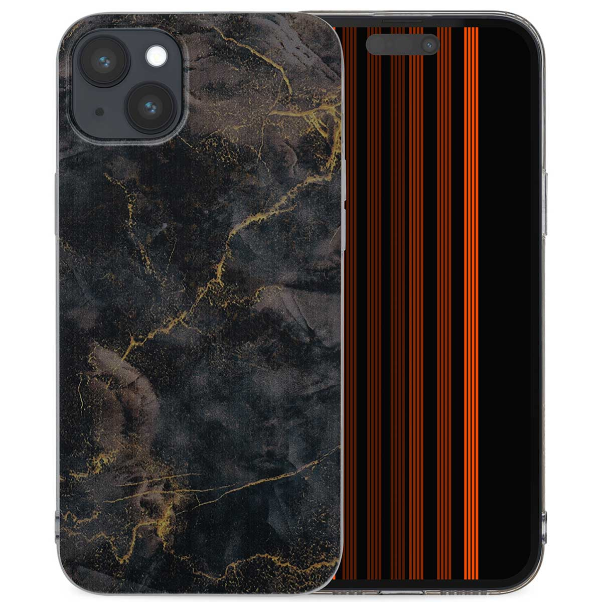 Zwarte telefoonhoes met gouden marmerontwerp. Telefoonscherm heeft oranje verticale strepen.