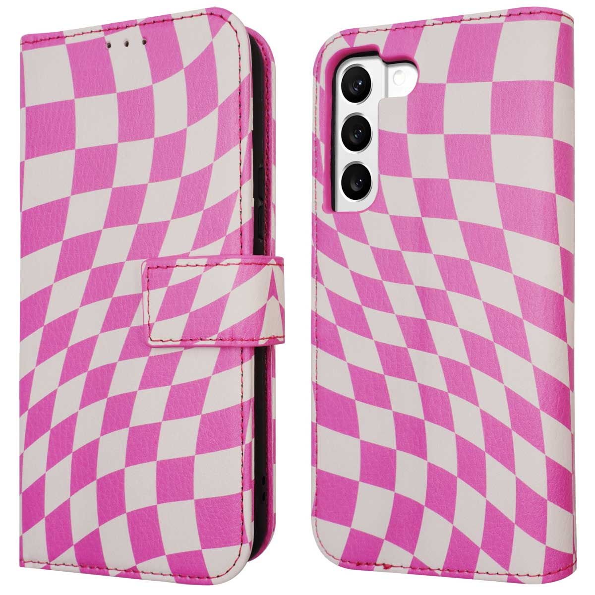 Coque de téléphone à carreaux roses et blancs, ouverte. Le téléphone est à l'intérieur, montrant l'arrière.